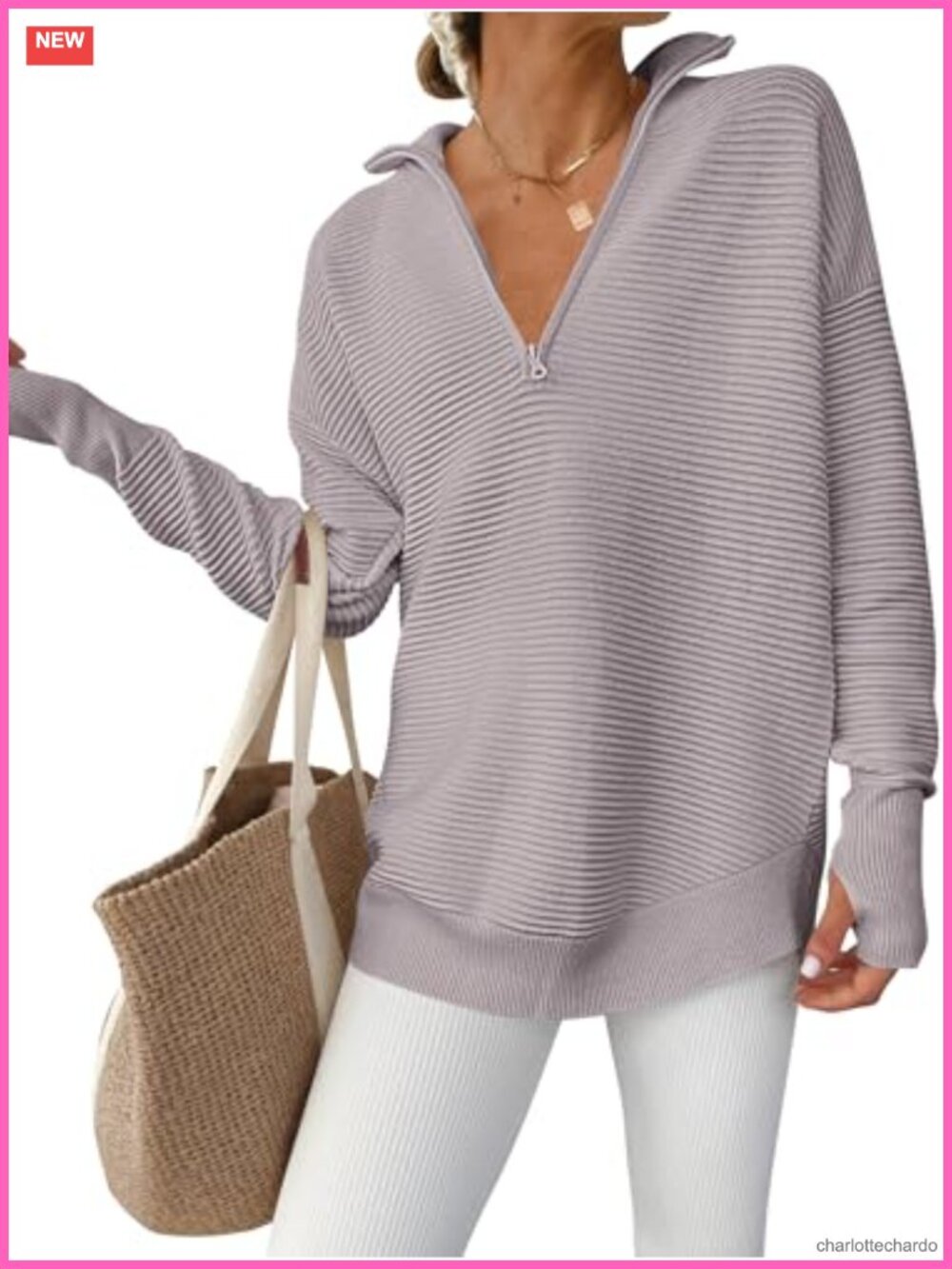 Women's Loose Fit Quarter Zip Pullover Sweater with Thumb Holes